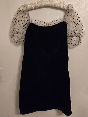 Camila Coehlo Black Velvet Mini Dress With Sheer Polka Dot Sleeves Medium